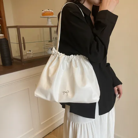 Women PU Leather Pleated Underarm Bag Drawstring Tote With Silver Metal Bow Korean Style Large Capacity Bucket Bag