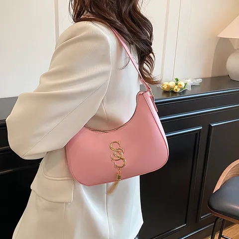 Mode Damen PU Leder Halbmond Hobo Achseltasche Mit Metallischem Logo Und Quaste Vintage Schulter Umhängetasche