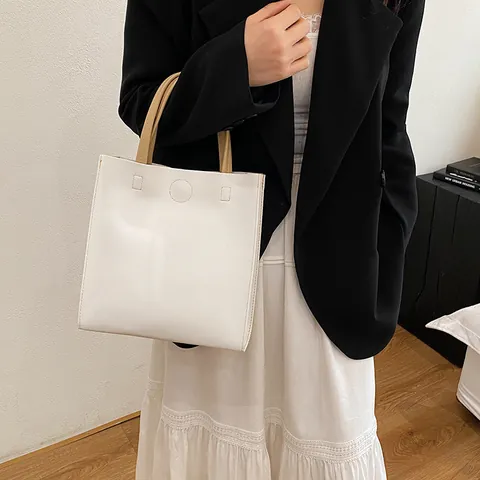 Women Minimalist PU Leather Tote Bag Large Capacity Vertical Square Handbag Commuter Solid Color Single Strap Shoulder Bag