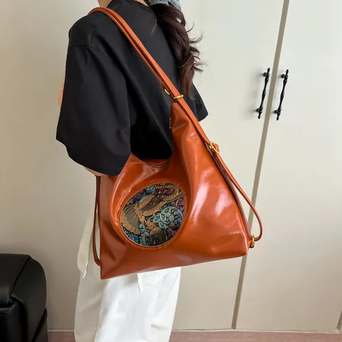 Vintage Women Large Capacity Shoulder Bag Elephant Embossed Patch Ethnic PU Leather Tote Multi-way Handheld Backpack Purse