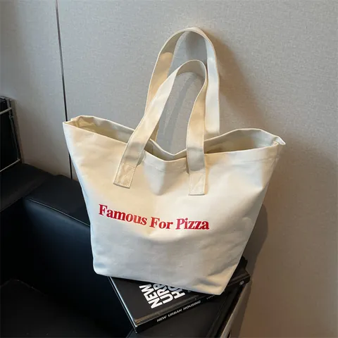 Borsa Tote in Tela di Grande Capacità per Donna Famous For Pizza Stampa Lettere Casual Borsa a Spalla Spesa Borsa a Mano Pendolare