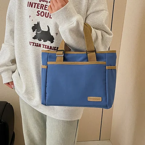 Women Canvas Tote Bag Large Capacity Casual Handbag With Adjustable Strap Color Block Shoulder Bag For Daily Commuting
