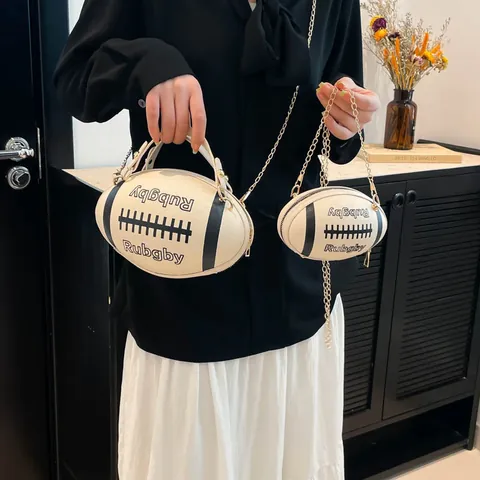 Creative Rugby Shaped Women Shoulder Bag Large Capacity PU Leather Crossbody Bag With Gold Chain Strap Letter Print Handbag
