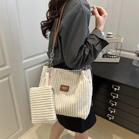Corduroy Tote Handtas En Kleine Ritszak Verticaal Gestreept Metalen Ketting Schoudertas Dames