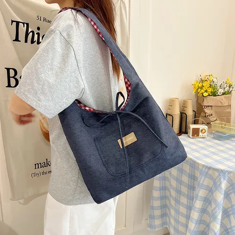 Grand Cabas Réversible Vichy Pour Femmes Patchwork en Denim Toile Sac à Épaule Décontracté École Trajet Sac à Main
