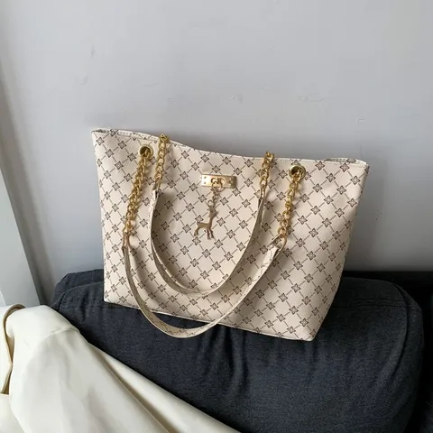 Fashion Women Monogram Printed Tote Bag Retro Large Capacity Shoulder Bag With Gold Chain Strap And Deer Pendant Handbag