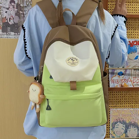Dames Grote Capaciteit Patchwork Nylon Rugzak Koreaanse Stijl Schooltas Met Pluche Brood Hanger Voor Studenten Reizen Dagelijks