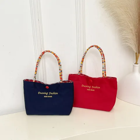 Women Mini Handbag With Colorful Woven Handle Cute Embroidered Letter Canvas Tote Bag Small Makeup Pouch For Daily Use