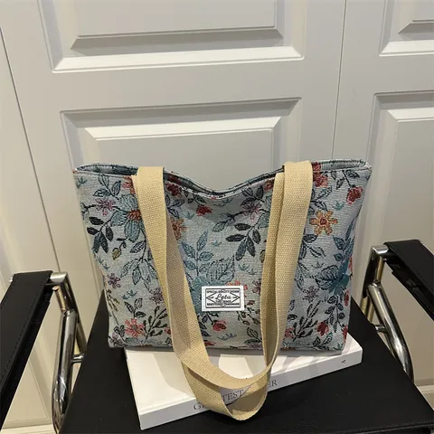 Damen Vintage Floral Jacquard Canvas Tote Tasche Große Kapazität Schultertasche Mit Reißverschluss Für Pendeln
