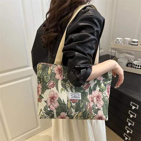 Damen Vintage Floral Jacquard Canvas Tote Tasche Große Kapazität Schultertasche Mit Reißverschluss Für Pendeln