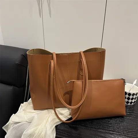 Women PU Leather Tote Bag And Pouch Large Capacity Minimalist Commute Shoulder Bag Solid Color Fashion Handbag Office Daily