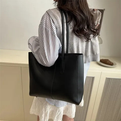 Women PU Leather Tote Bag And Pouch Large Capacity Minimalist Commute Shoulder Bag Solid Color Fashion Handbag Office Daily