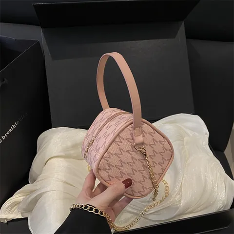 Vintage PU-Leder M-Buchstabendruck Handtasche Für Damen Mode Mini-Zylinder Umhängetasche Goldkette Umhängetasche Alltags-Handtasche