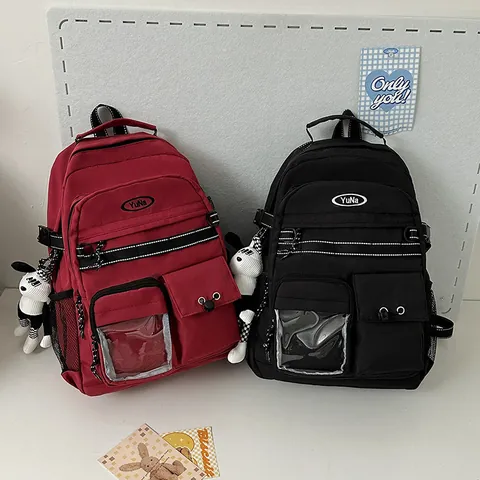 Large Capacity Nylon School Backpack For Middle High School Students Japanese Harajuku Style Waterproof Multi Pocket Travel Daypack With Transparent Window