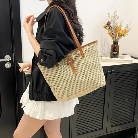 Damen Casual Stroh Gewebte Tragetasche Große Kapazität Urlaub Strand Schultertasche Mit PU Leder Riemen Mode Handtasche
