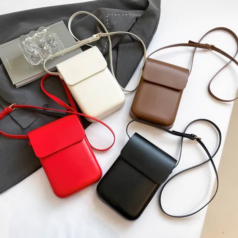 Minimalistische Damen PU Leder Handytasche Kleine Umhängetasche Mit Verstellbarem Riemen Magnetverschluss Vertikale Schultertasche