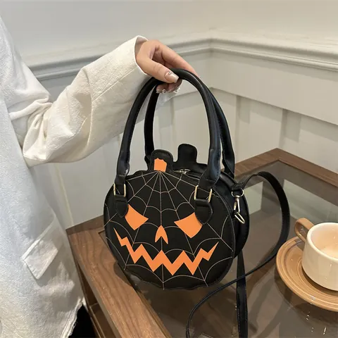 Halloween Novelty Pumpkin Shaped Crossbody Bag Funny Contrast Color PU Leather Shoulder Bag With Spider Web For Women