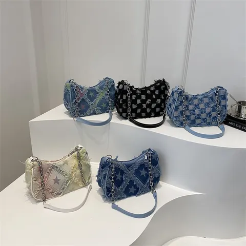 Borsa Sottobraccio in Denim Vintage per Donna Y2K Scacchiera Motivo a Stelle Hobo Bag Con Tracolla a Catena Street Style