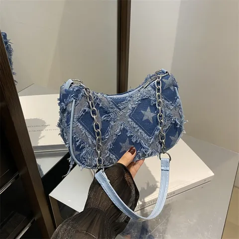 Borsa Sottobraccio in Denim Vintage per Donna Y2K Scacchiera Motivo a Stelle Hobo Bag Con Tracolla a Catena Street Style