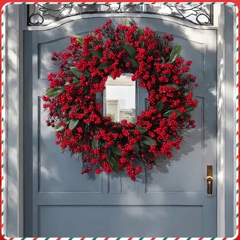 Corona Di Natale Bacche Rosse Foglie Verdi Artificiali Per Porta Ingresso Parete Decorazione Di Festa Festiva Ornamento Per La Casa
