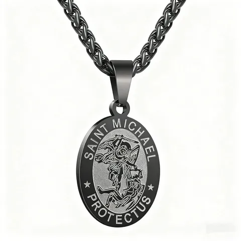 Vintage Saint Michael Medal Pendant Necklace Stainless Steel Religious Angel Relief Protection Jewelry For Men Women Daily