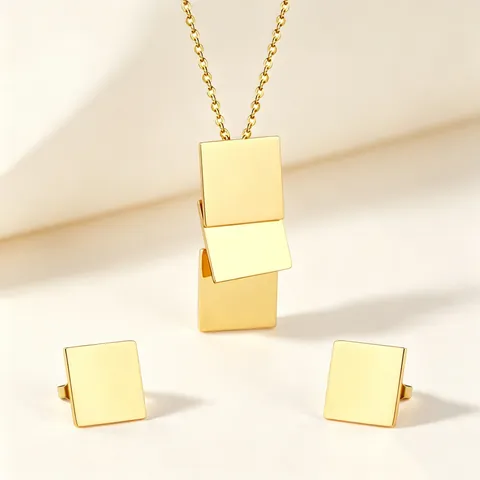 Geometric Square Pendant Necklace And Stud Earrings Stainless Steel Polished Layered Minimalist Jewelry For Women Modern
