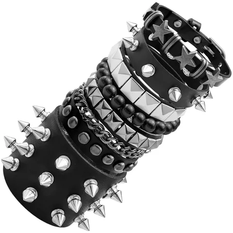 Punk Rock Leather Bracelet Set Metal Spikes Pyramid Studs Star Charms Multilayer Street Fashion Jewelry For Men Women