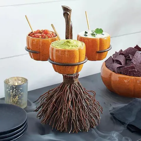 Supporto Per Ciotola Snack Zucca Halloween Resina Ceramica Metallo Ramo Scopa Vassoio Da Portata Feste
