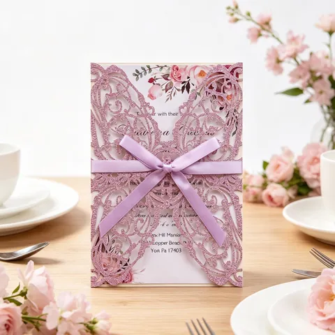 Elegantes Invitaciones de Boda de Mariposa de Corte Láser con Brillo Caladas con Lazo de Cinta de Satén para Fiesta de Matrimonio