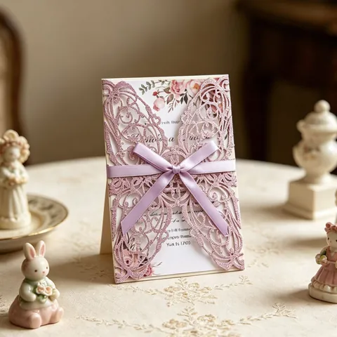 Elegantes Invitaciones de Boda de Mariposa de Corte Láser con Brillo Caladas con Lazo de Cinta de Satén para Fiesta de Matrimonio