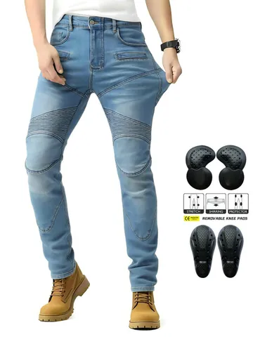 Jeans da Moto da Uomo Slim Fit Biker Pantaloni in Denim Con Armatura Protettiva CE Rimovibile Pannelli Elasticizzati a Costine Blu Nero