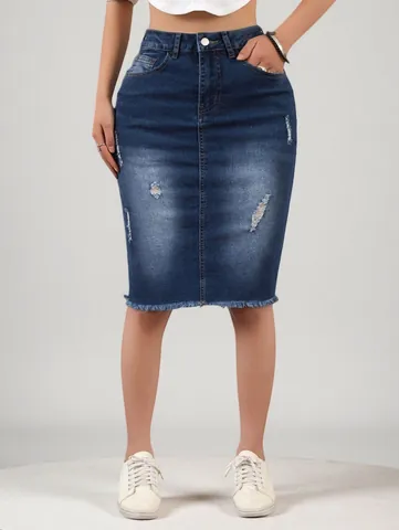Women's High Waisted Distressed Denim Midi Skirt Sexy Bodycon Ripped Pencil Jeans Skirt With Frayed Hem Pockets Casual Fashion