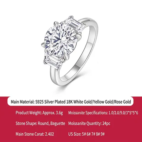 Anillo de Moissanita de Plata de Ley S925 Talla Brillante Redonda Piedras Laterales Baguette Anello de Compromiso Boda para Mujer Joyería
