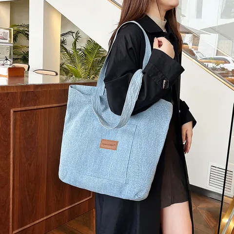 Sac Fourre-tout Femme Grande Capacité Sac à Épaule Décontracté en Denim Velours Côtelé pour Travail Voyage École Main Boucle Magnétique