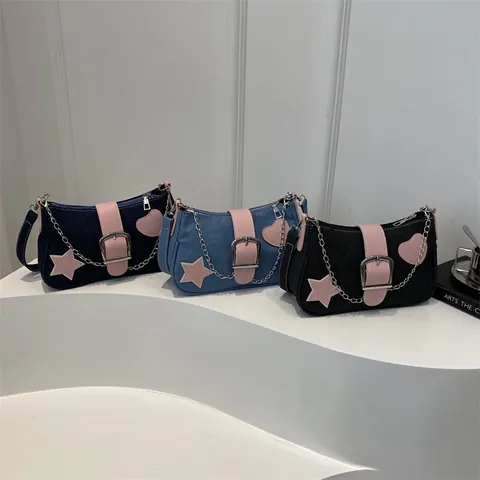 Bolso de Axila de Mezclilla Y2K de Moda para Mujer Retro Parche de Cuero Rosa Cadena de Metal Bolso de Hombro Estilo Callejero Casual