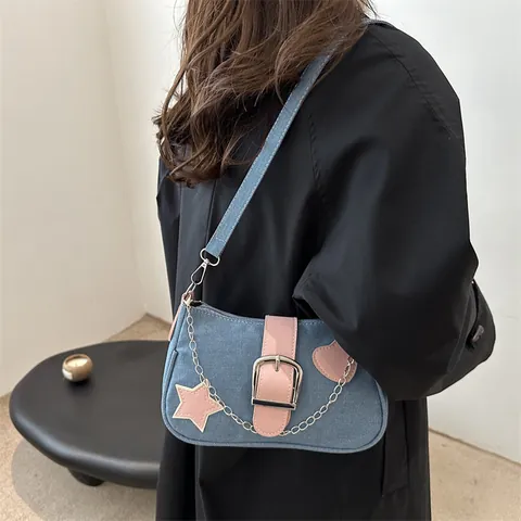 Bolso de Axila de Mezclilla Y2K de Moda para Mujer Retro Parche de Cuero Rosa Cadena de Metal Bolso de Hombro Estilo Callejero Casual