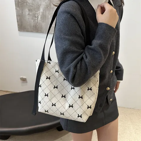 Sac Main Femme Mode Décontracté Velours Côtelé Imprimé Nœud Matelassé Losange Grande Capacité Sac Bandoulière Avec Fermeture Éclair