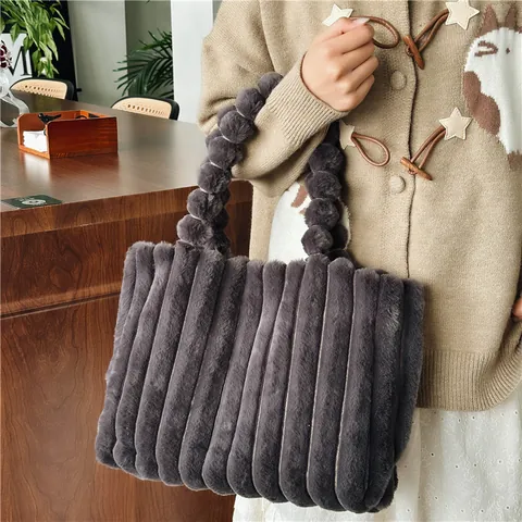 Women Faux Fur Plush Tote Bag Vertical Striped Large Capacity Soft Autumn Winter Shoulder Bag With Pom Pom Handle