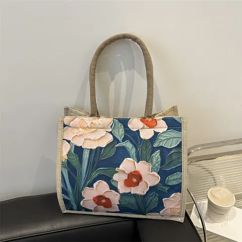 Vintage Ethnic Floral Print Tote Bag Large Capacity Linen Handbag For Women Commuting Shoulder Bag With 3D Embossed Pattern