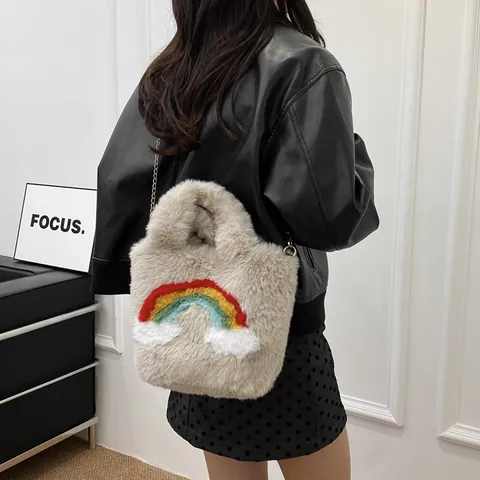 Women Plush Handbag Winter Faux Fur Bucket Bag With Rainbow Cloud Pattern Metal Chain Strap Sweet Fashion Shoulder Bag