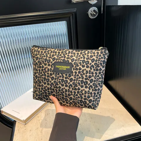 Trousse à Maquillage Imprimé Léopard Femme Pochette de Rangement en Toile Sac de Toilette Voyage Grande Capacité Avec Fermeture Éclair