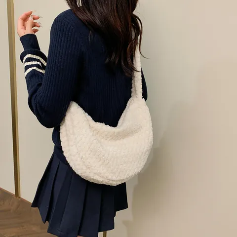 Women's Autumn Winter Large Capacity Plush Hobo Bag Soft Grain Fleece Shoulder Bag Casual Solid Color Cloud Underarm Bag