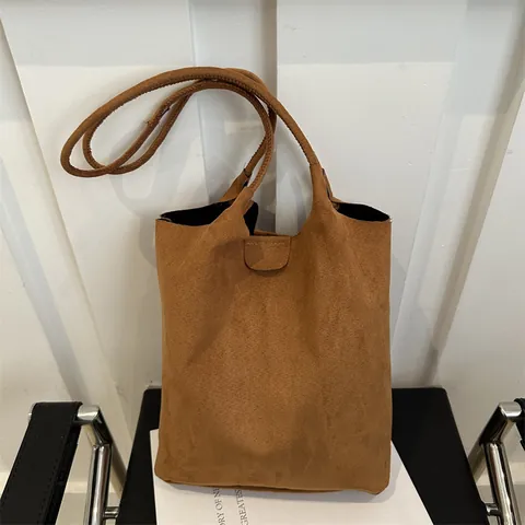 Damen Vintage Wildlederimitat Tote Bag Minimalistisch Eimer Umhängetasche Große Kapazität Einfarbig Retro Achseltasche Mit Innentasche