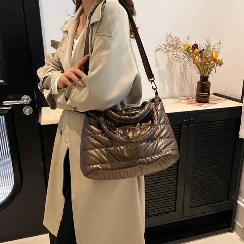 Shiny Metallic PU Leather Quilted Tote Bag Large Capacity Puffer Crossbody Bag For Women Casual Space Cotton Shoulder Bag