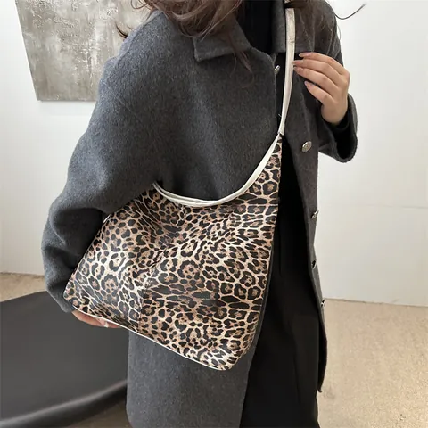 Bolso de Mano con Estampado de Leopardo para Mujer Gran Capacidad Cuero de PU Bolso de Hombro Casual Street Style Bolso Hobo