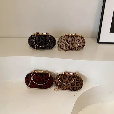Vintage Leopardenmuster Abendtasche Für Damen PU Gewebe Umhängetasche Mit Goldener Schleifenschnalle Und Metallkettenriemen Mode Handtasche