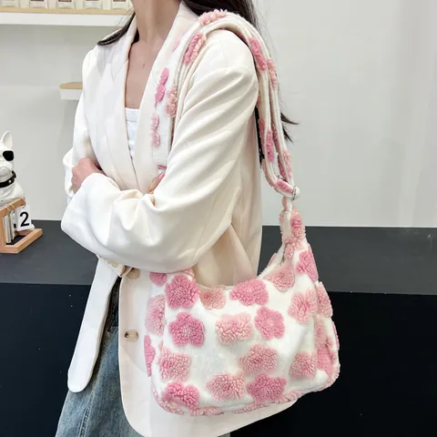 Damen Süße Plüsch Blumen Einkaufstasche Weich Floral Schultertasche Lässig Winter Mode Achseltasche Mit Verstellbarem Gurt