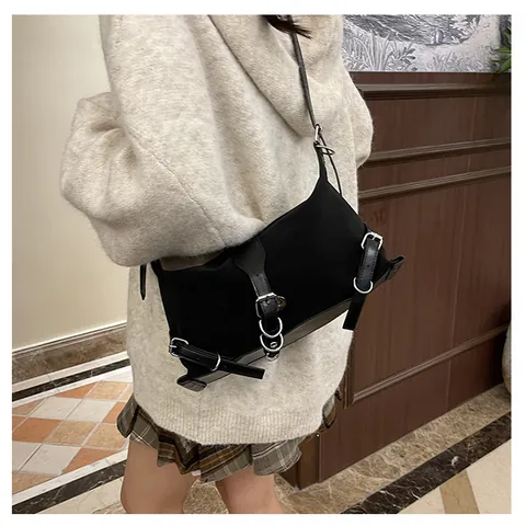 Women's Nylon Shoulder Bag Vintage Punk Underarm Crossbody Bag With Metal Buckles Solid Color Urban Simple Fashion Bag
