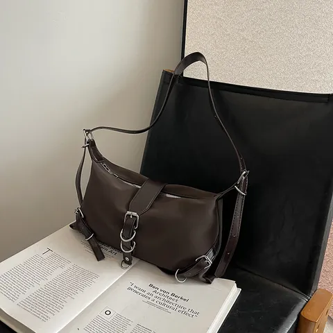 Women's Nylon Shoulder Bag Vintage Punk Underarm Crossbody Bag With Metal Buckles Solid Color Urban Simple Fashion Bag