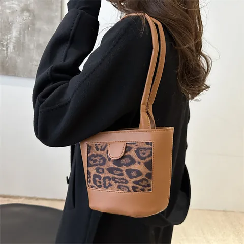 Vintage Tote Bag Damen Große Kapazität Leopardenmuster Patch Schultertasche Mode Eimer Handtasche Für Den Alltag Büro